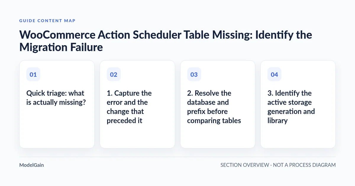 Guide content map: Quick triage: what is actually missing?; 1. Capture the error and the change that preceded it; 2. Resolve the database and prefix before comparing tables; 3. Identify the active storage generation and library