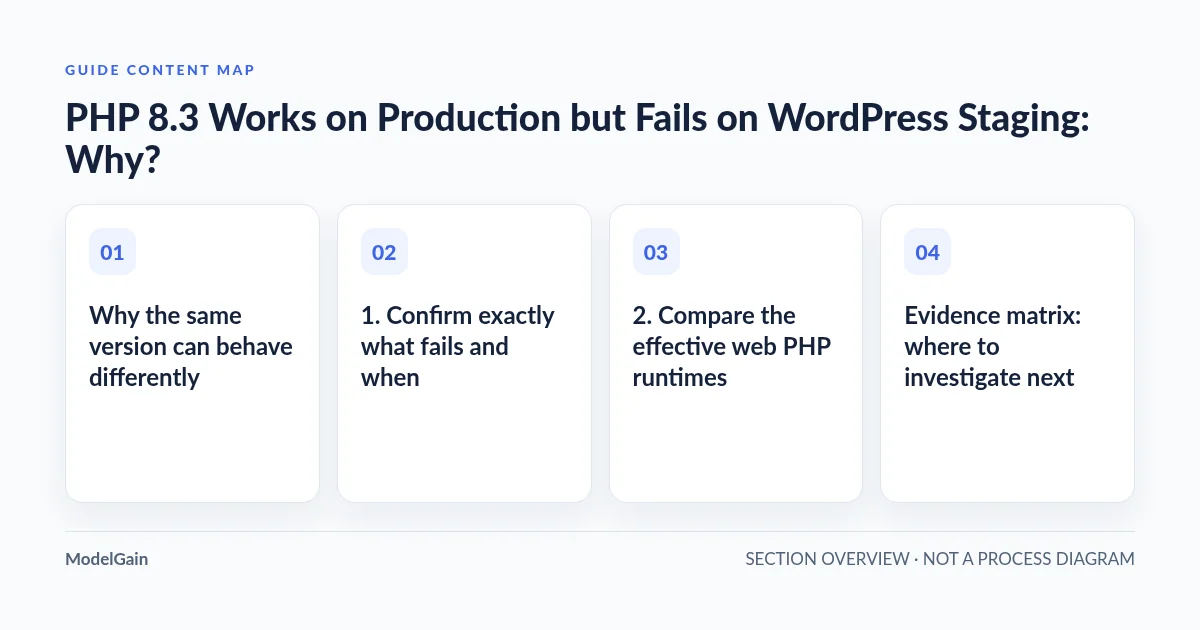 Guide content map: Why the same version can behave differently; 1. Confirm exactly what fails and when; 2. Compare the effective web PHP runtimes; Evidence matrix: where to investigate next