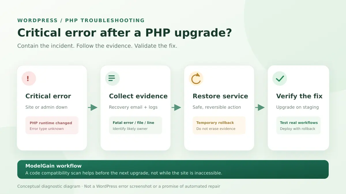 Diagram: preserve critical-error logs, restore site access with a reversible step, then validate the PHP upgrade on staging
